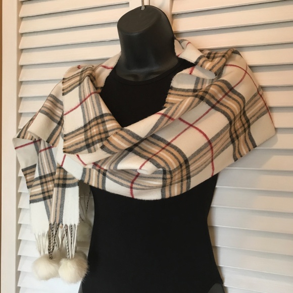 White Plaid Scarf- Real Fur Pom Poms! EUC 3/$19 - Picture 10 of 12